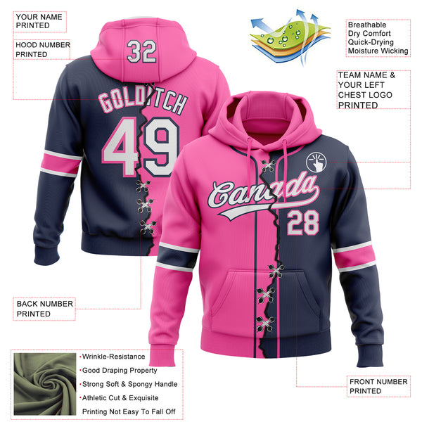 Custom Navy White-Pink Split Ripped Pattern Baseball Pullover Sweatshirt Hoodie
