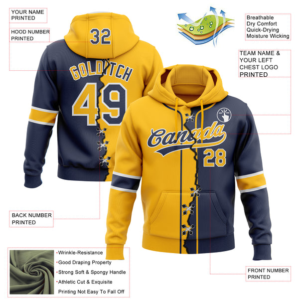 Custom Navy Gold-White Split Ripped Pattern Baseball Pullover Sweatshirt Hoodie