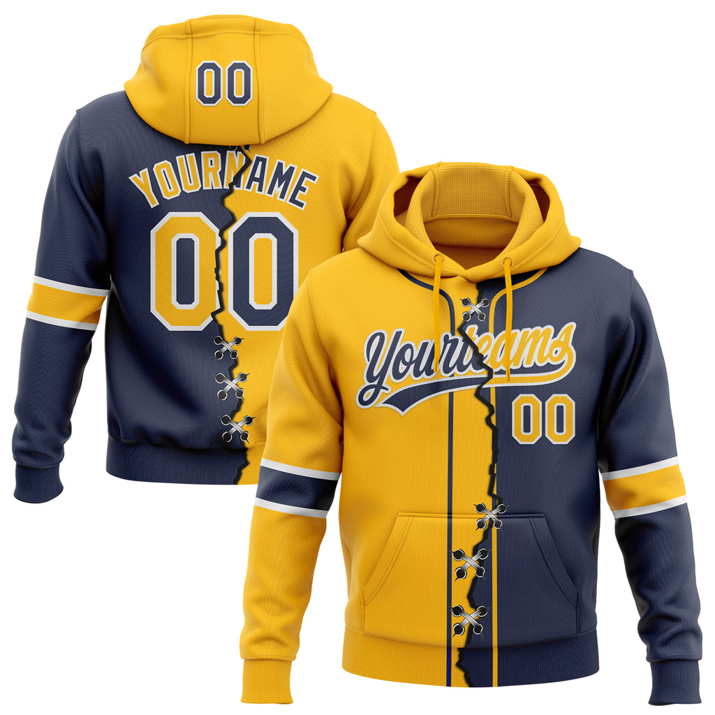 Custom Navy Gold-White Split Ripped Pattern Baseball Pullover Sweatshirt Hoodie