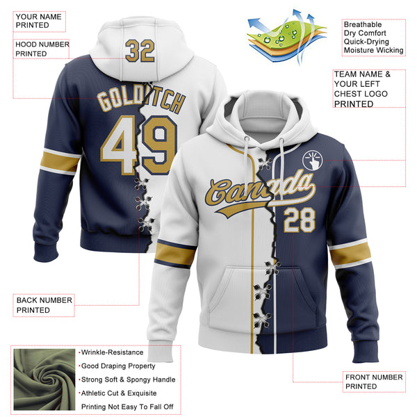Custom Navy White-Old Gold Split Ripped Pattern Baseball Pullover Sweatshirt Hoodie