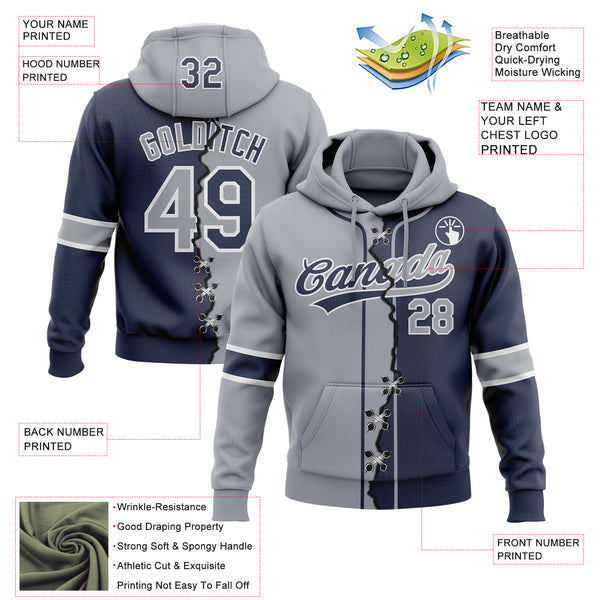 Custom Navy Gray-White Split Ripped Pattern Baseball Pullover Sweatshirt Hoodie