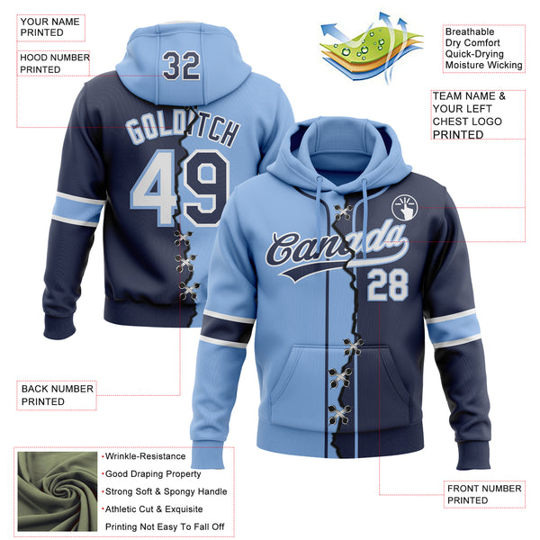 Custom Navy White-Light Blue Split Ripped Pattern Baseball Pullover Sweatshirt Hoodie