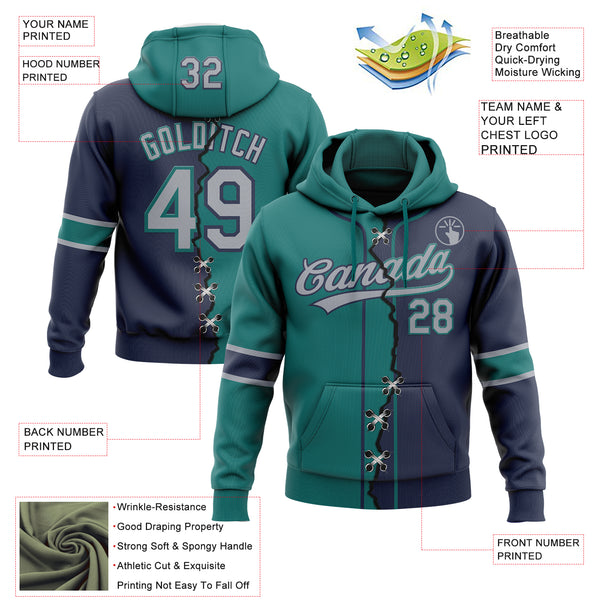 Custom Navy Gray-Teal Split Ripped Pattern Baseball Pullover Sweatshirt Hoodie
