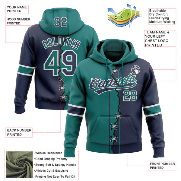 Custom Navy Teal-White Split Ripped Pattern Baseball Pullover Sweatshirt Hoodie