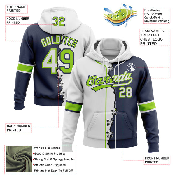 Custom Navy White-Neon Green Split Ripped Pattern Baseball Pullover Sweatshirt Hoodie