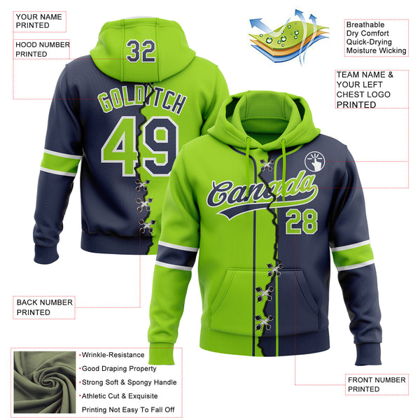 Custom Navy Neon Green-White Split Ripped Pattern Baseball Pullover Sweatshirt Hoodie