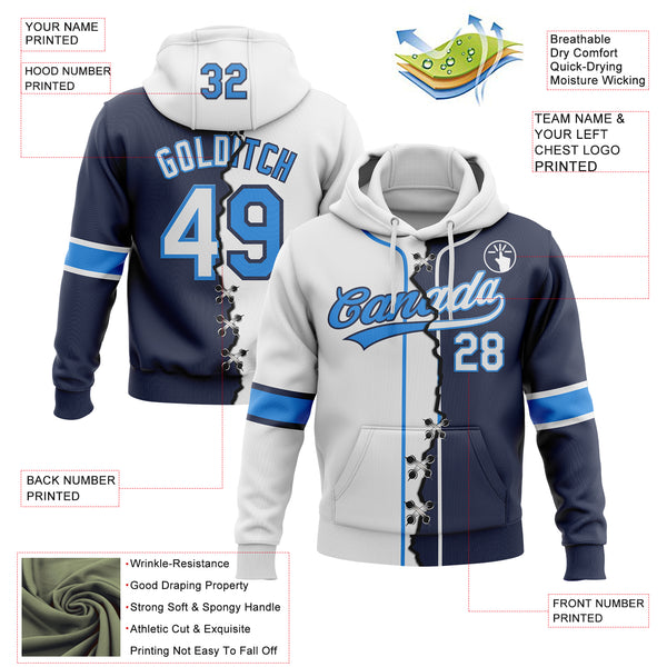 Custom Navy White-Powder Blue Split Ripped Pattern Baseball Pullover Sweatshirt Hoodie