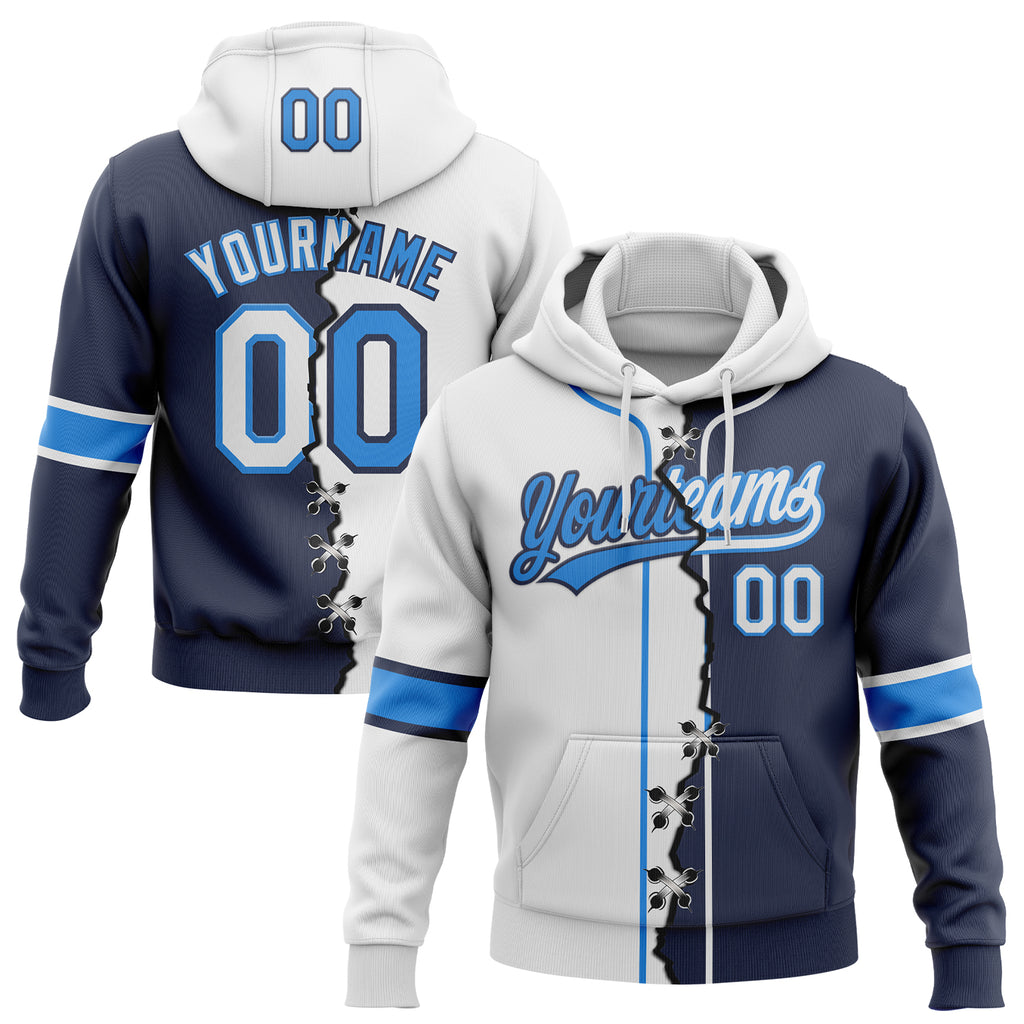 Custom Navy White-Powder Blue Split Ripped Pattern Baseball Pullover Sweatshirt Hoodie