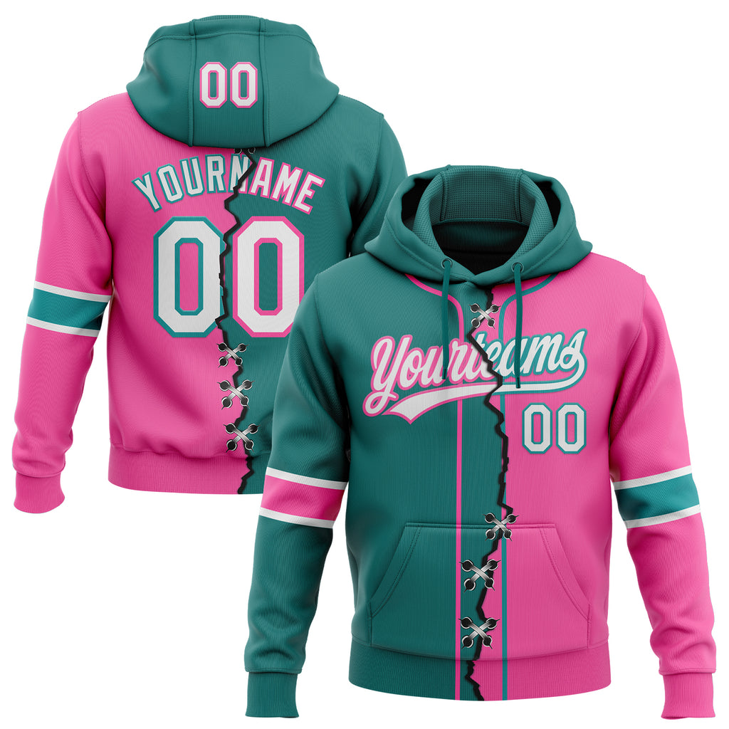 Custom Pink White-Teal Split Ripped Pattern Baseball Pullover Sweatshirt Hoodie