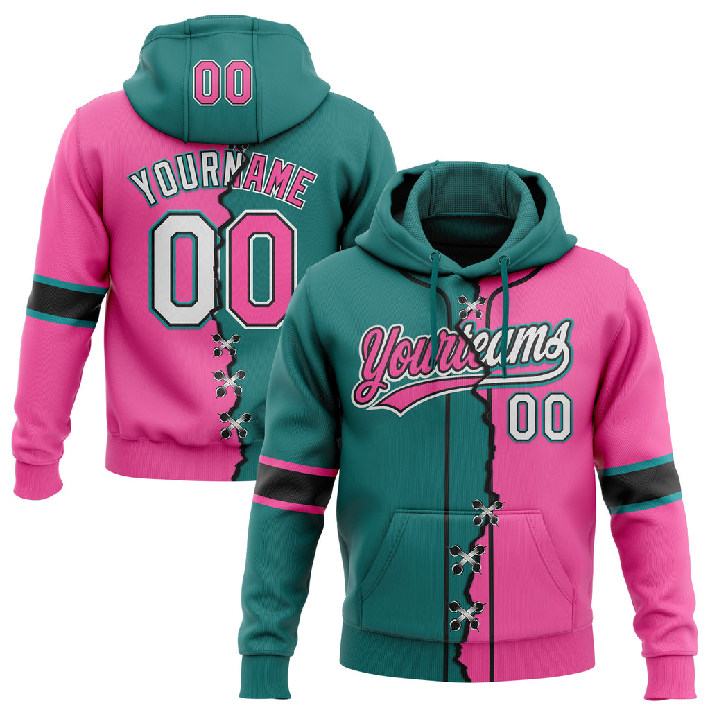 Custom Pink White Teal-Black Split Ripped Pattern Baseball Pullover Sweatshirt Hoodie