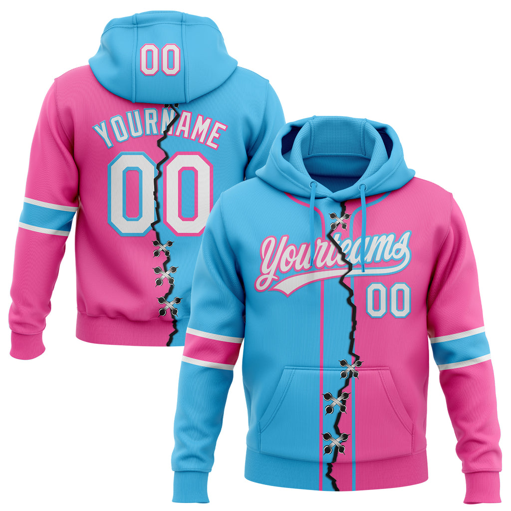 Custom Pink White-Sky Blue Split Ripped Pattern Baseball Pullover Sweatshirt Hoodie
