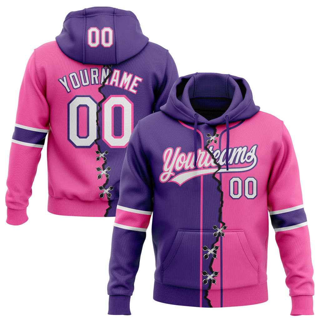 Custom Pink White-Purple Split Ripped Pattern Baseball Pullover Sweatshirt Hoodie