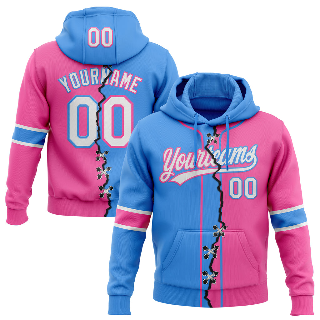 Custom Pink White-Powder Blue Split Ripped Pattern Baseball Pullover Sweatshirt Hoodie