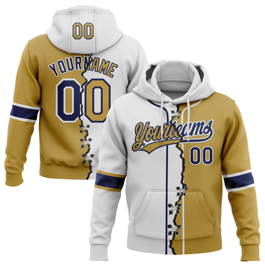 Custom Old Gold Navy-White Split Ripped Pattern Baseball Pullover Sweatshirt Hoodie