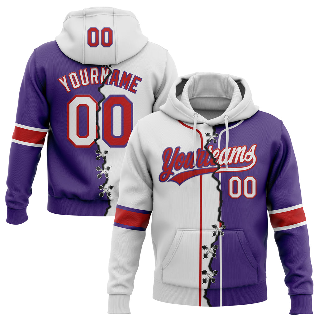 Custom Purple White-Red Split Ripped Pattern Baseball Pullover Sweatshirt Hoodie