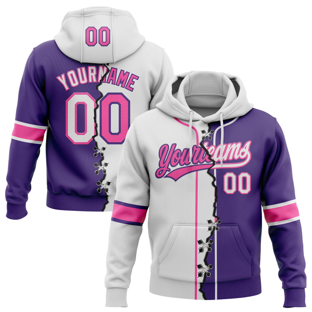 Custom Purple White-Pink Split Ripped Pattern Baseball Pullover Sweatshirt Hoodie