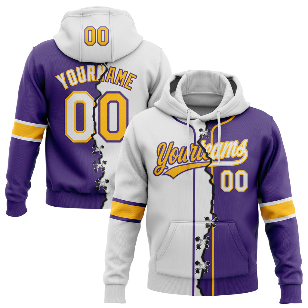 Custom Purple White-Gold Split Ripped Pattern Baseball Pullover Sweatshirt Hoodie
