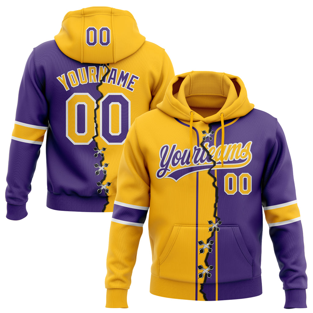 Custom Purple Gold-White Split Ripped Pattern Baseball Pullover Sweatshirt Hoodie