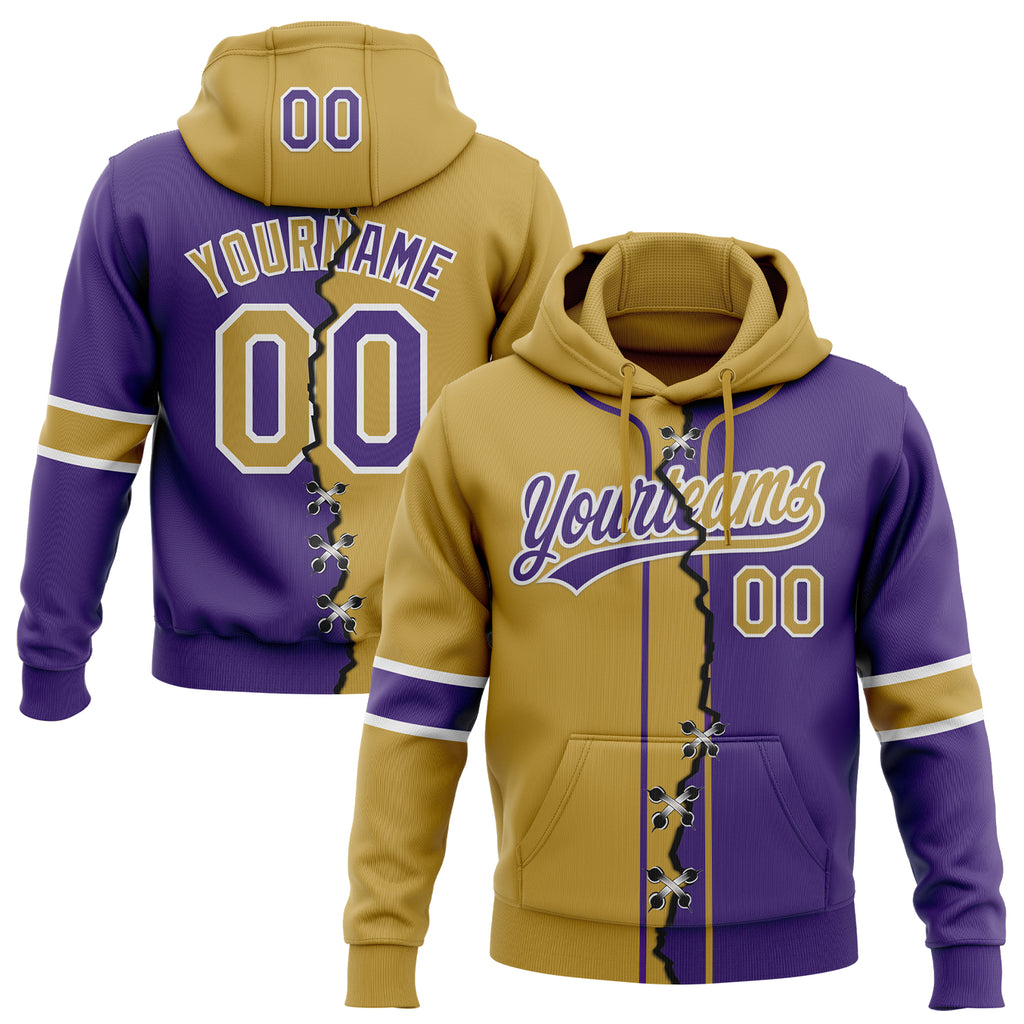 Custom Purple Old Gold-White Split Ripped Pattern Baseball Pullover Sweatshirt Hoodie