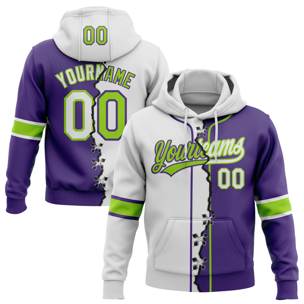 Custom Purple White-Neon Green Split Ripped Pattern Baseball Pullover Sweatshirt Hoodie