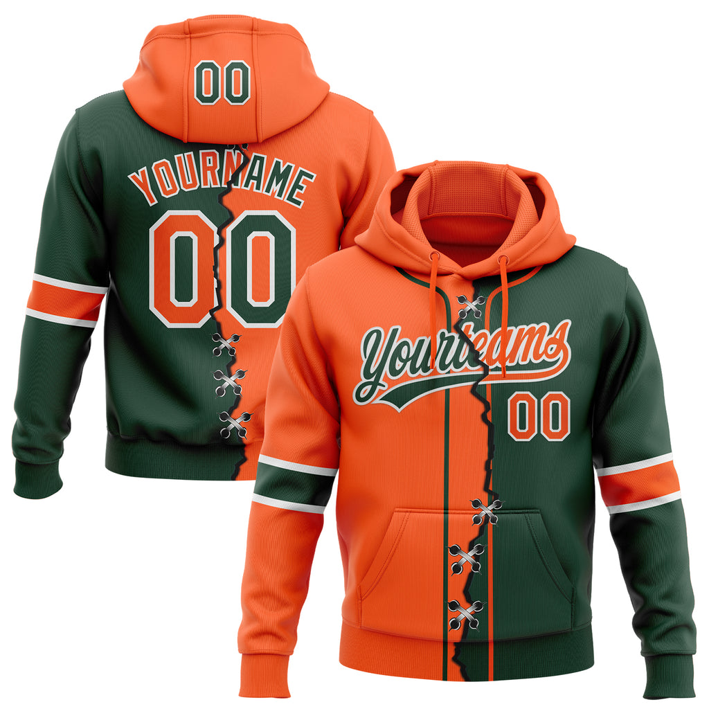 Custom Green Orange-White Split Ripped Pattern Baseball Pullover Sweatshirt Hoodie