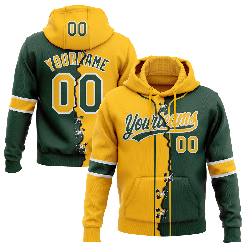 Custom Green Gold-White Split Ripped Pattern Baseball Pullover Sweatshirt Hoodie