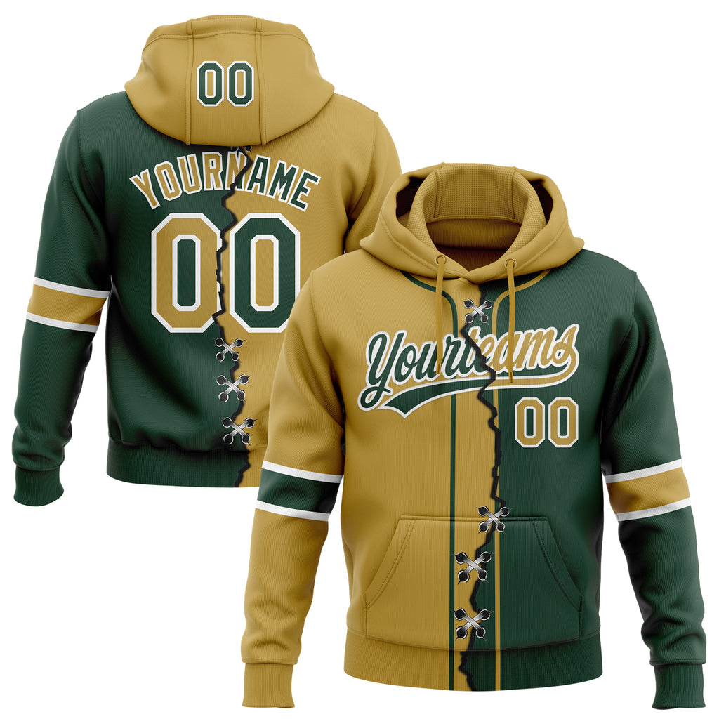 Custom Green Old Gold-White Split Ripped Pattern Baseball Pullover Sweatshirt Hoodie