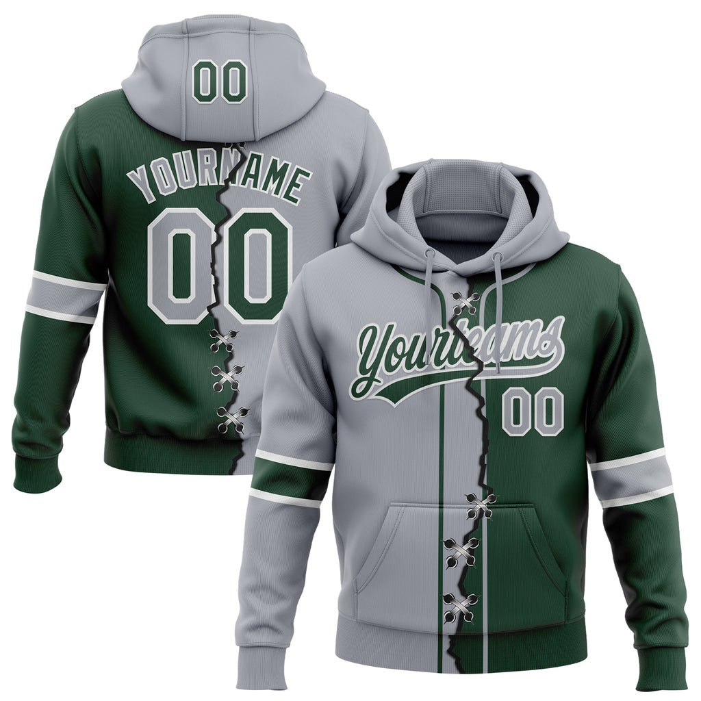 Custom Green Gray-White Split Ripped Pattern Baseball Pullover Sweatshirt Hoodie