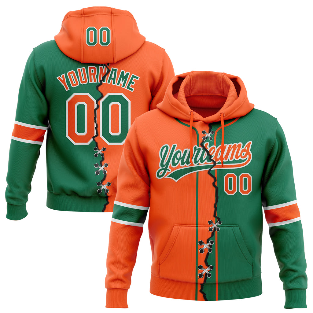 Custom Kelly Green Orange-White Split Ripped Pattern Baseball Pullover Sweatshirt Hoodie