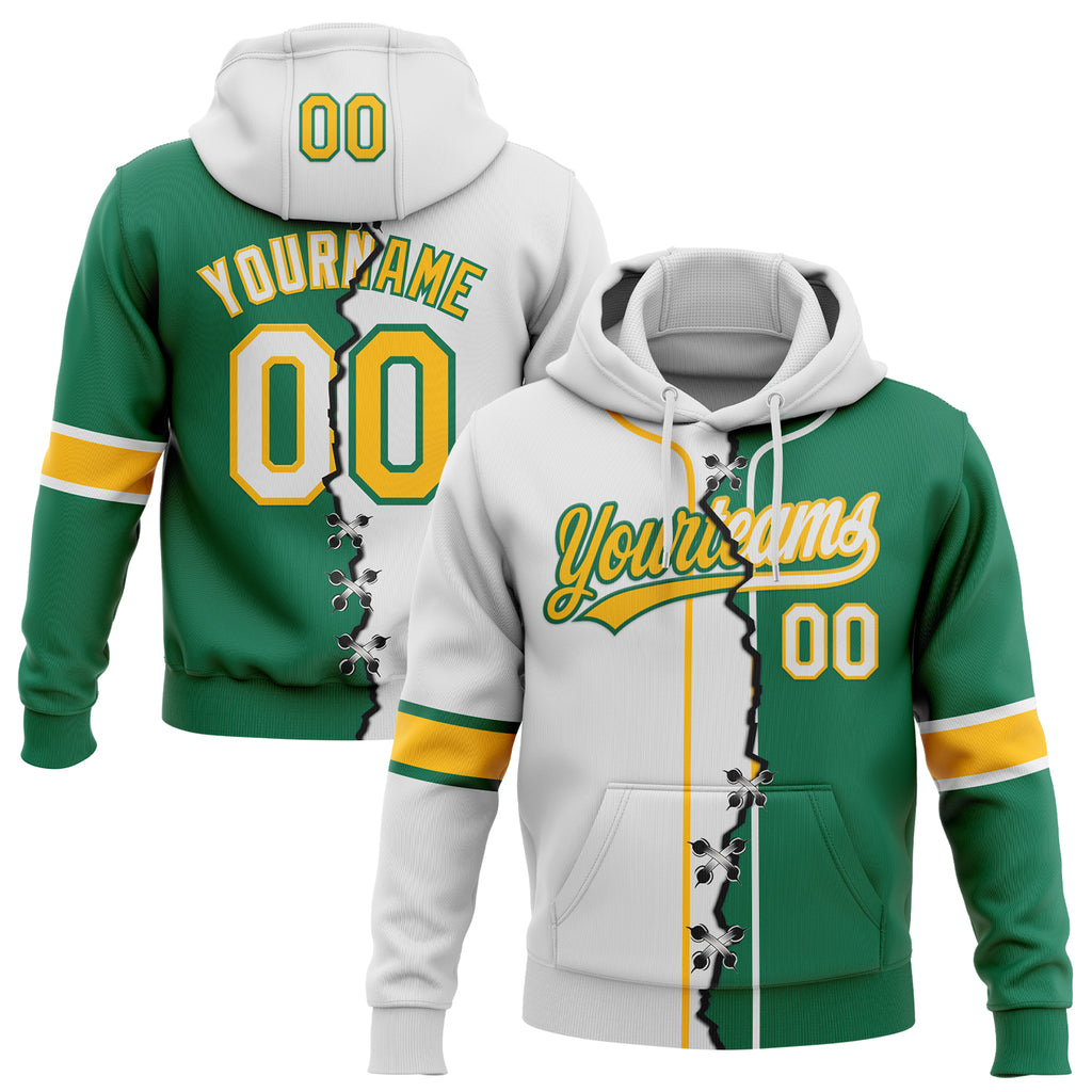 Custom Kelly Green White-Gold Split Ripped Pattern Baseball Pullover Sweatshirt Hoodie