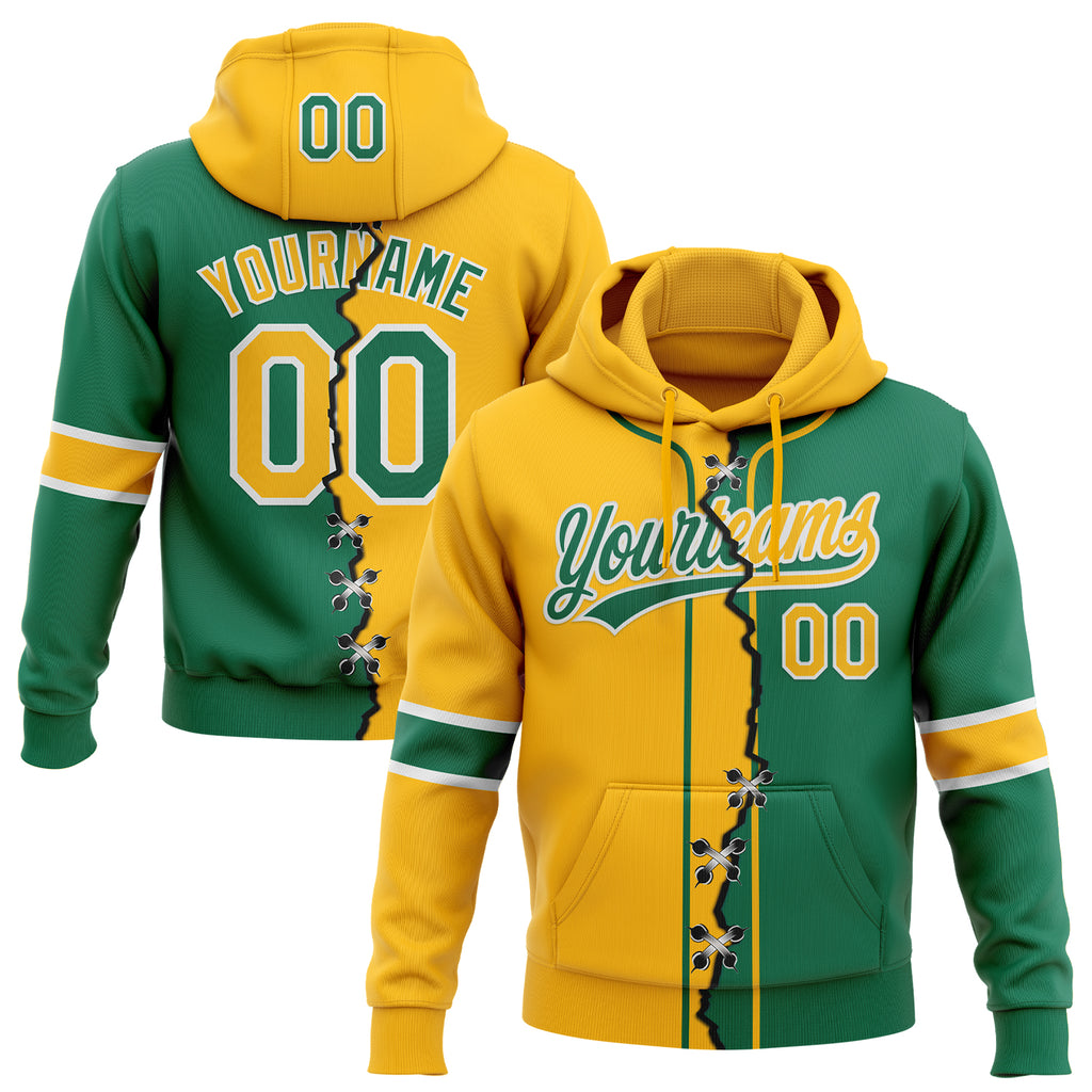 Custom Kelly Green Gold-White Split Ripped Pattern Baseball Pullover Sweatshirt Hoodie
