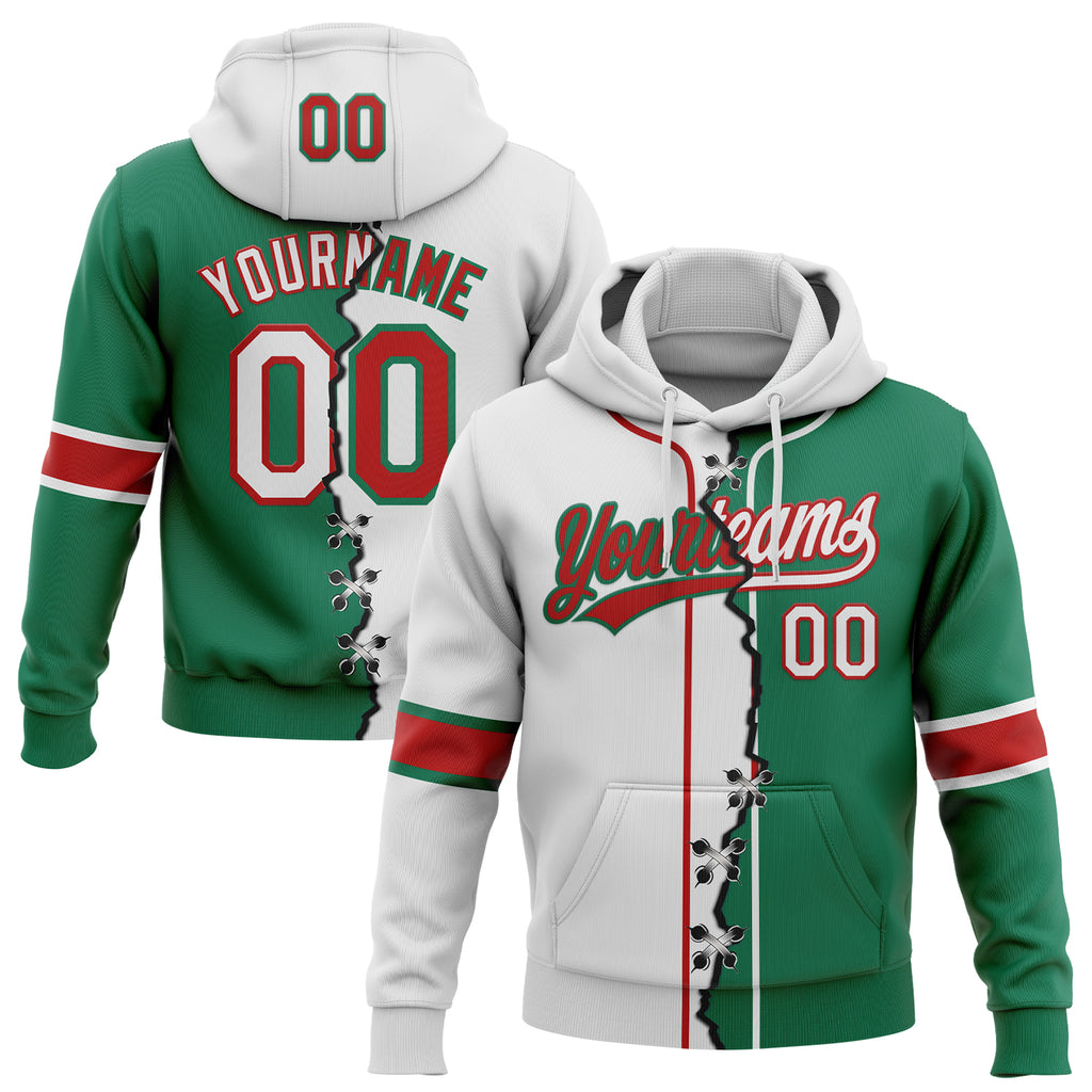 Custom Kelly Green White-Red Split Ripped Pattern Baseball Pullover Sweatshirt Hoodie