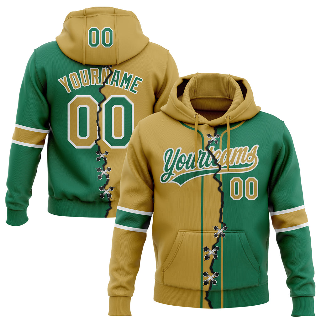 Custom Kelly Green Old Gold-White Split Ripped Pattern Baseball Pullover Sweatshirt Hoodie