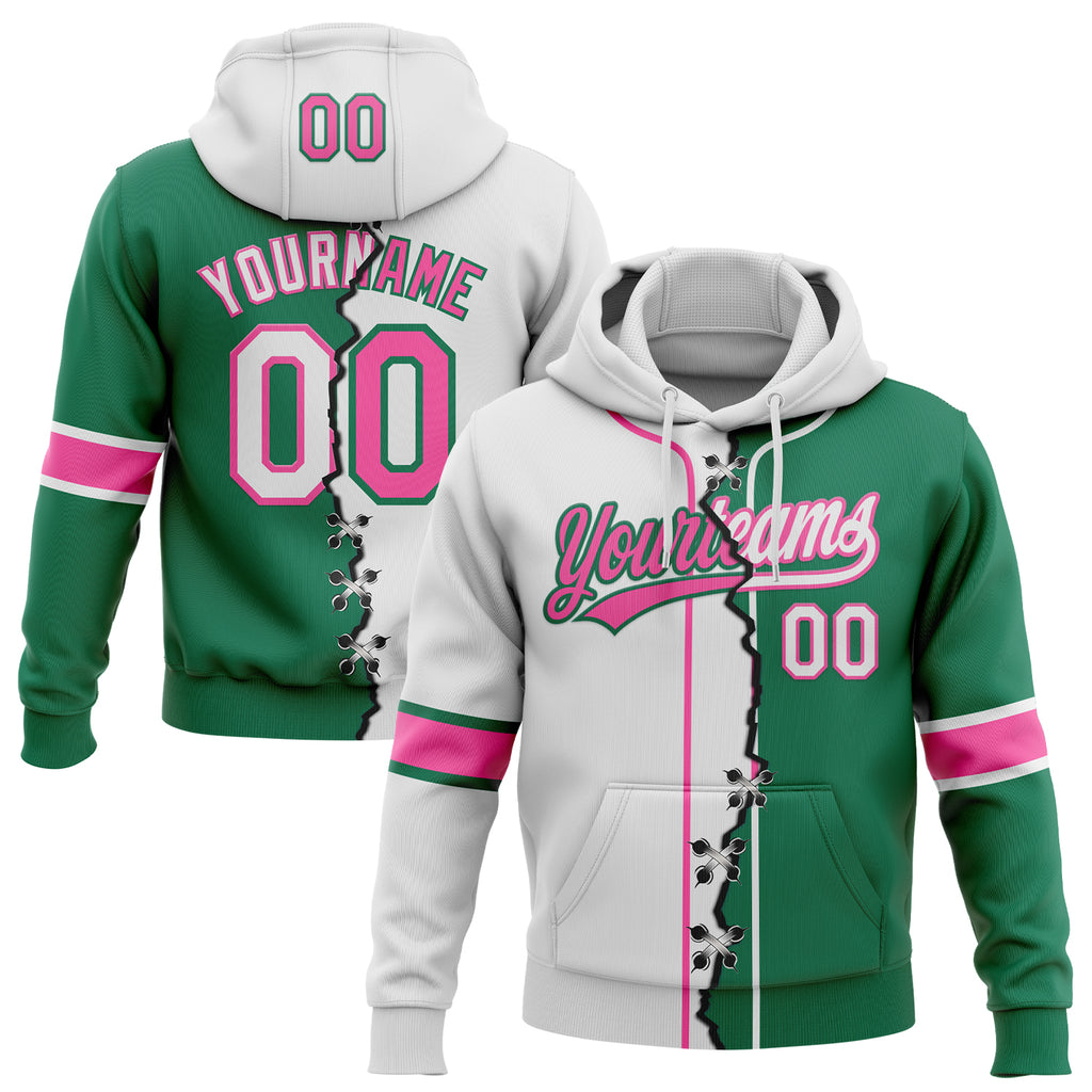 Custom Kelly Green White-Pink Split Ripped Pattern Baseball Pullover Sweatshirt Hoodie