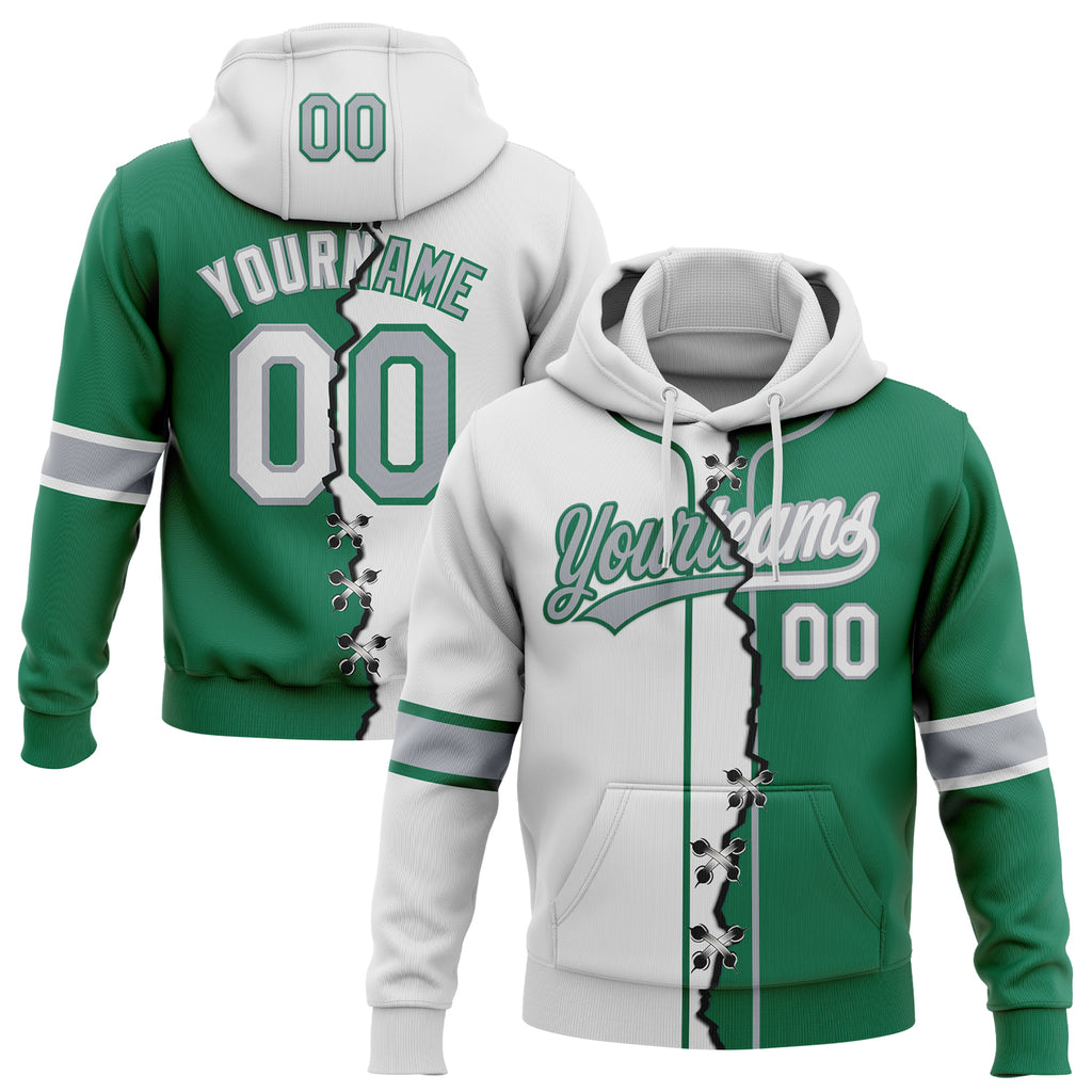 Custom Kelly Green White-Gray Split Ripped Pattern Baseball Pullover Sweatshirt Hoodie
