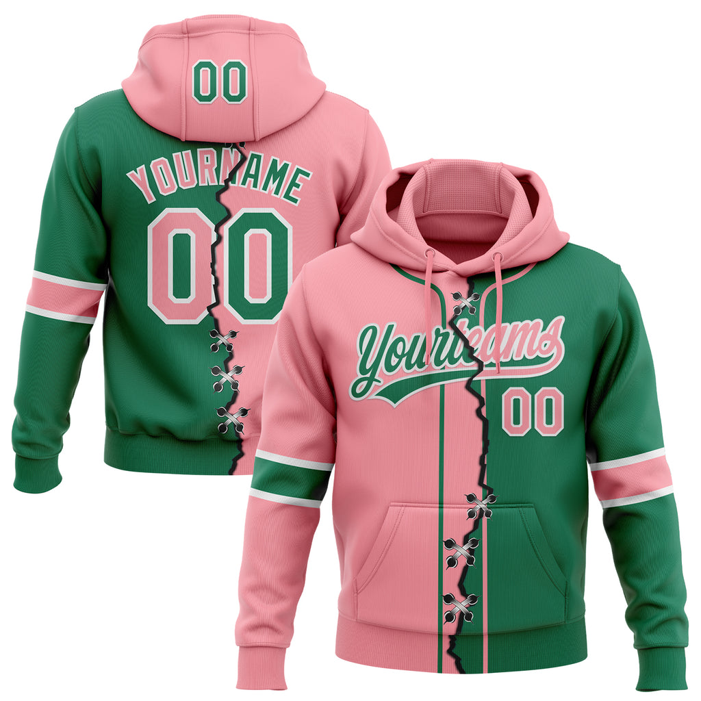 Custom Kelly Green Medium Pink-White Split Ripped Pattern Baseball Pullover Sweatshirt Hoodie