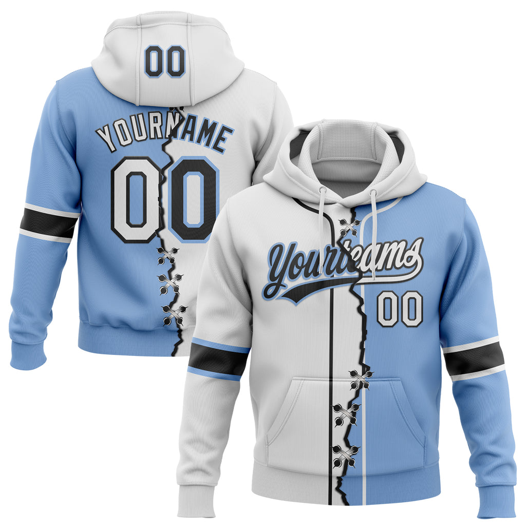 Custom Light Blue White-Black Split Ripped Pattern Baseball Pullover Sweatshirt Hoodie