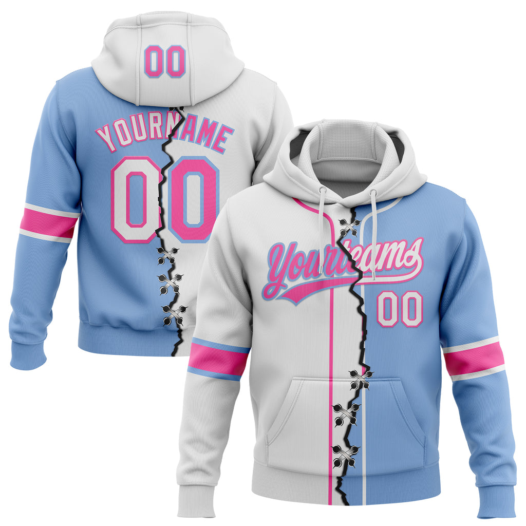 Custom Light Blue White-Pink Split Ripped Pattern Baseball Pullover Sweatshirt Hoodie