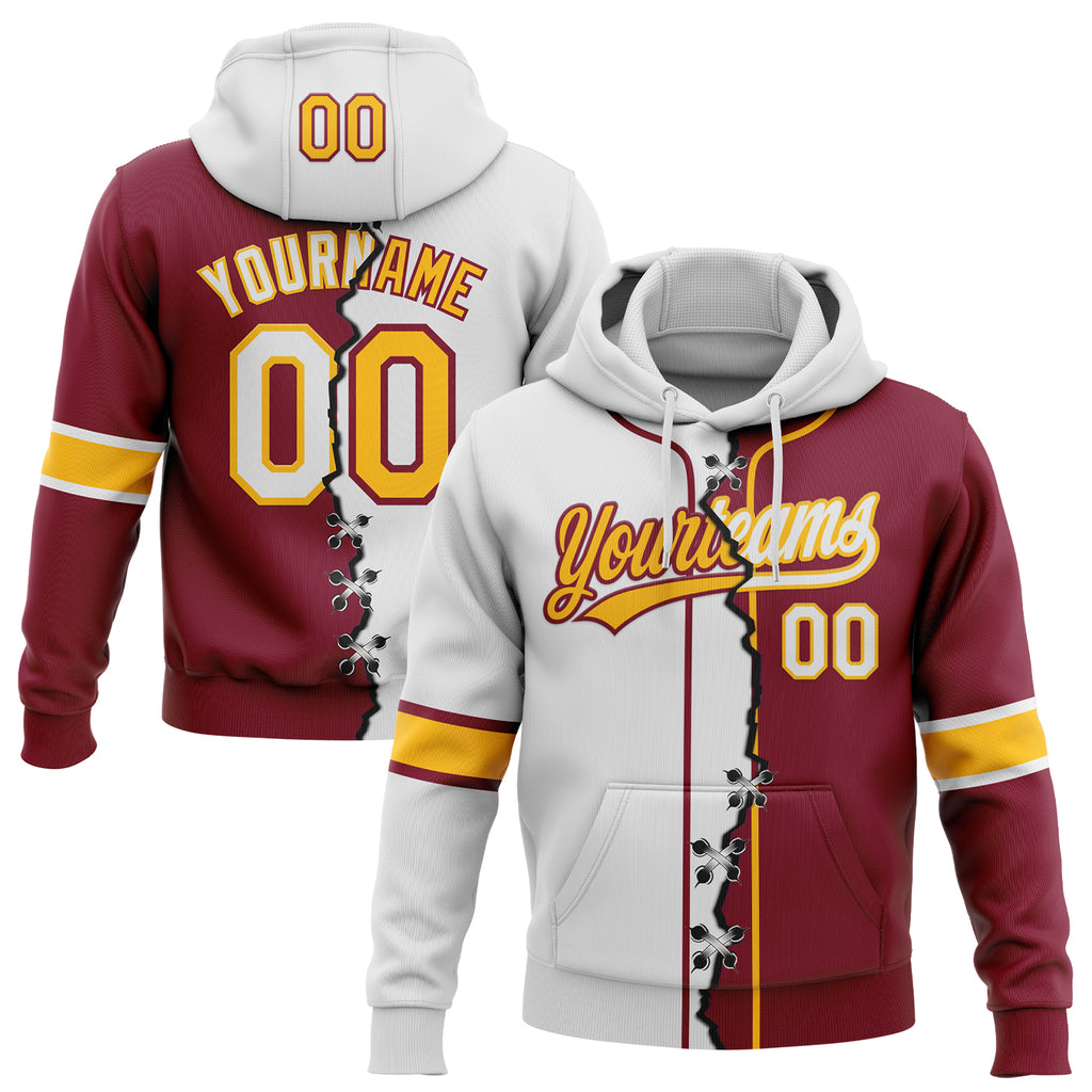 Custom Crimson White-Gold Split Ripped Pattern Baseball Pullover Sweatshirt Hoodie