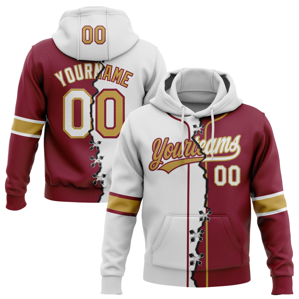 Custom Crimson White-Old Gold Split Ripped Pattern Baseball Pullover Sweatshirt Hoodie