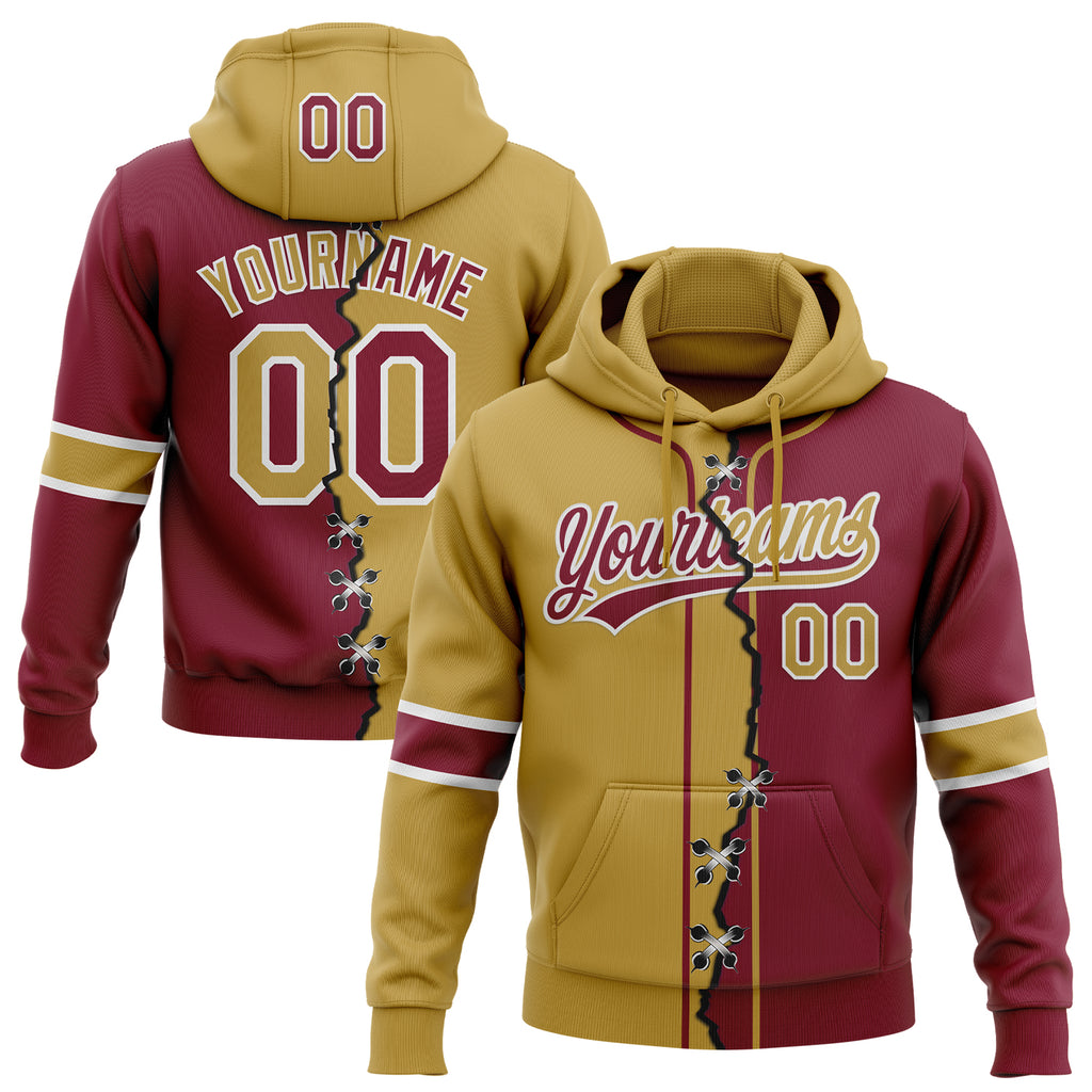 Custom Crimson Old Gold-White Split Ripped Pattern Baseball Pullover Sweatshirt Hoodie