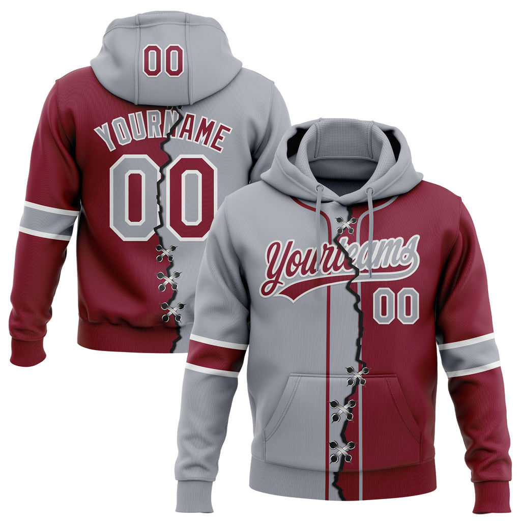 Custom Crimson Gray-White Split Ripped Pattern Baseball Pullover Sweatshirt Hoodie