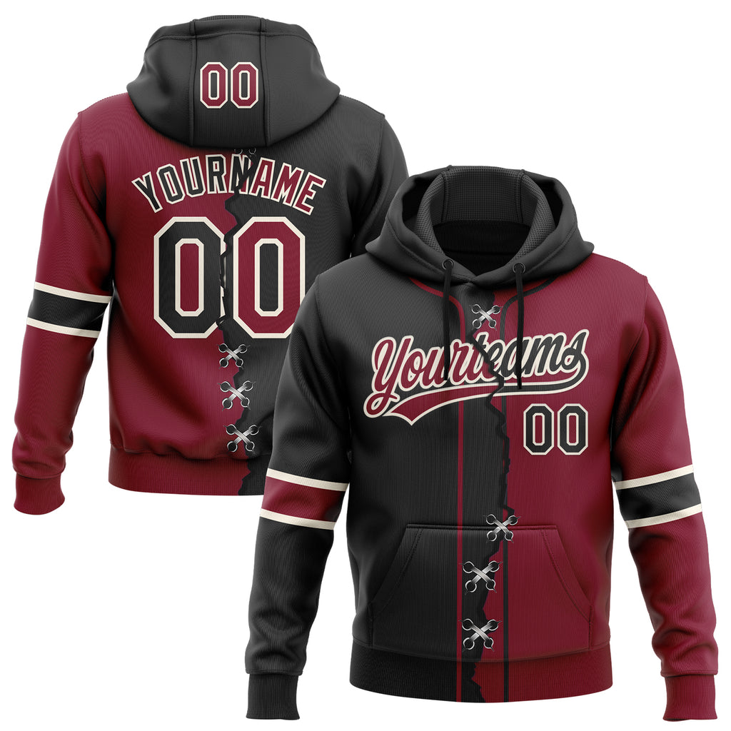 Custom Crimson Black-Cream Split Ripped Pattern Baseball Pullover Sweatshirt Hoodie