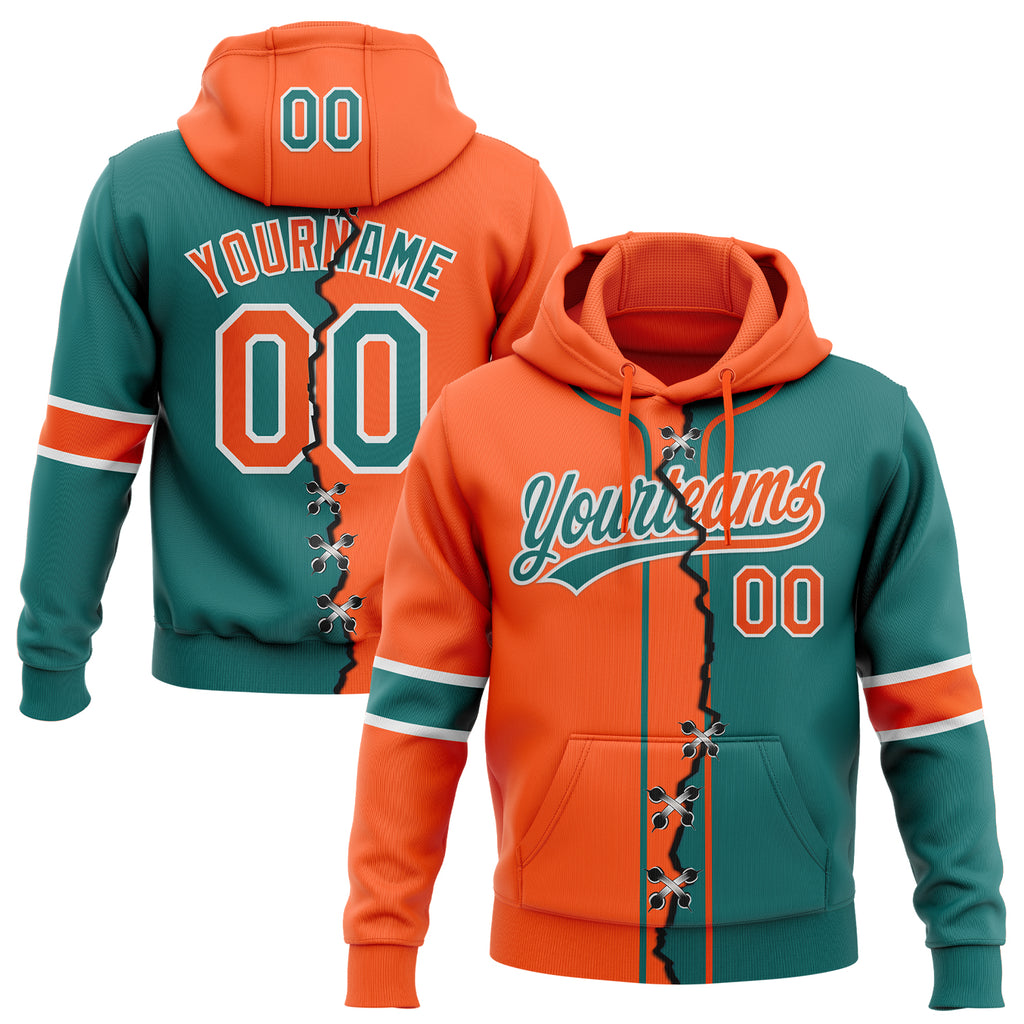 Custom Teal Orange-White Split Ripped Pattern Baseball Pullover Sweatshirt Hoodie