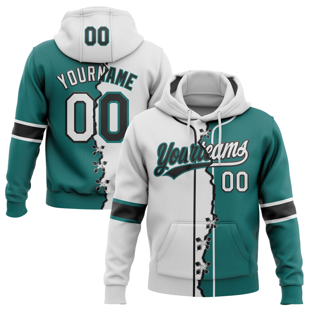 Custom Teal White-Black Split Ripped Pattern Baseball Pullover Sweatshirt Hoodie