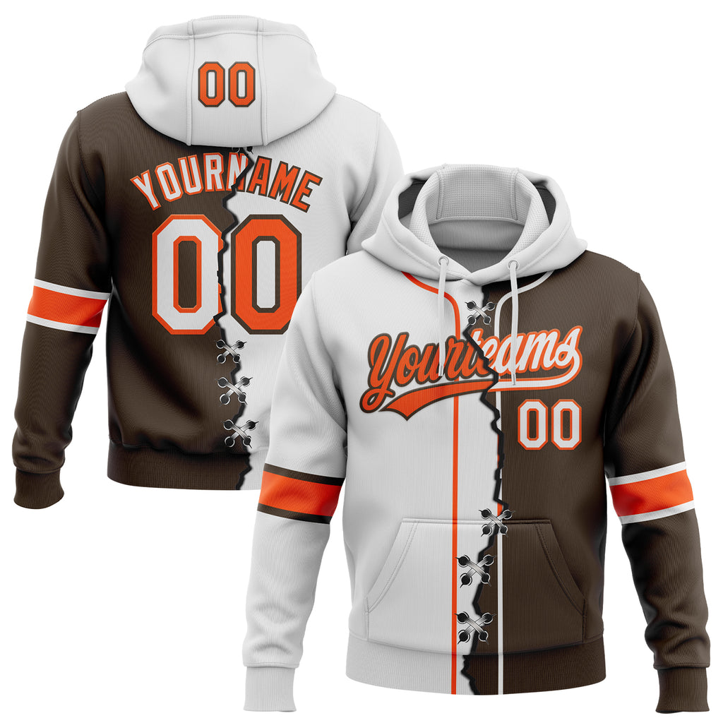 Custom Brown White-Orange Split Ripped Pattern Baseball Pullover Sweatshirt Hoodie