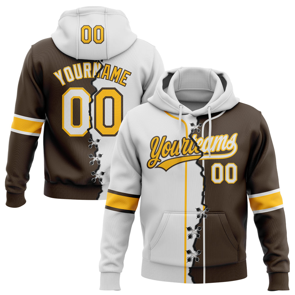 Custom Brown White-Gold Split Ripped Pattern Baseball Pullover Sweatshirt Hoodie