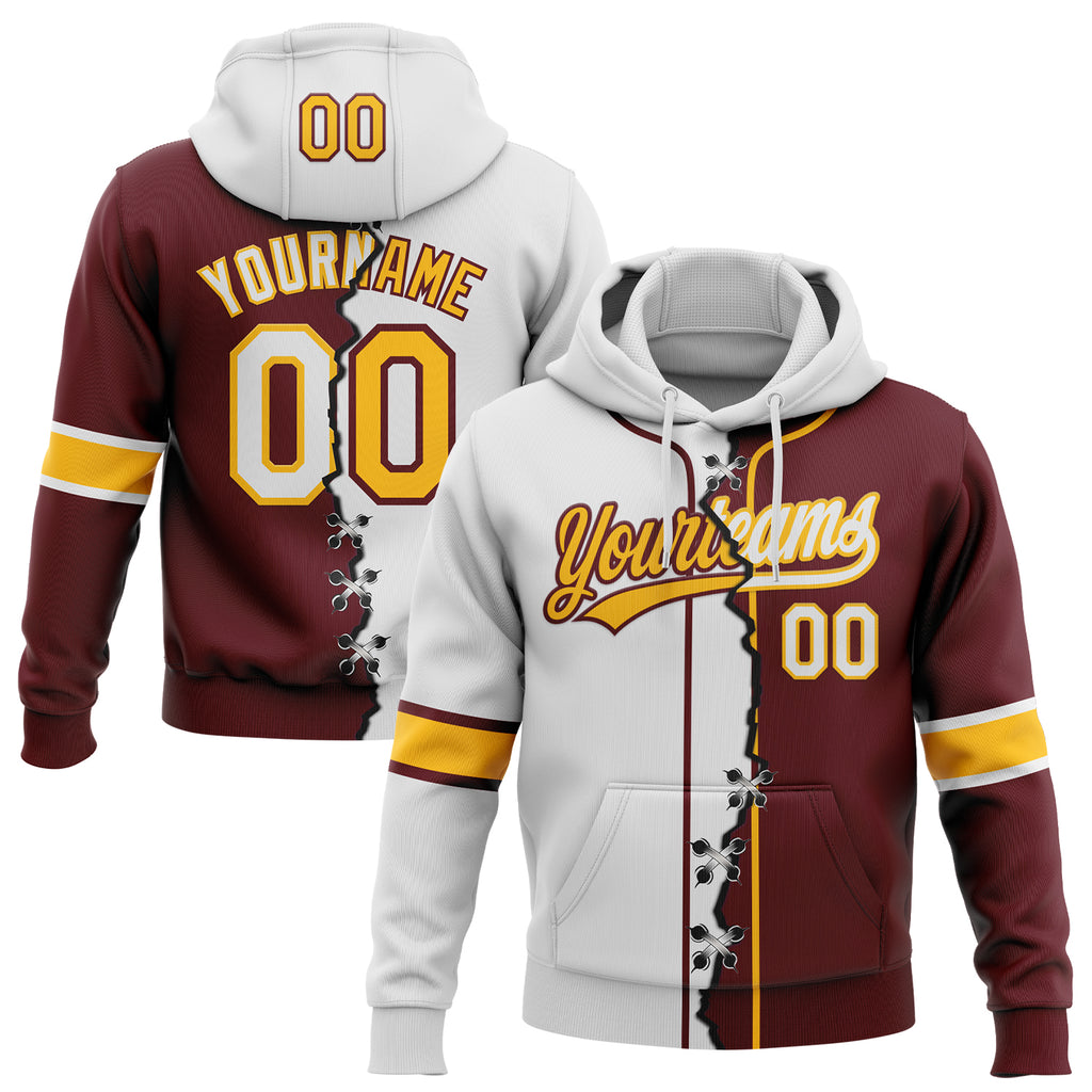 Custom Burgundy White-Gold Split Ripped Pattern Baseball Pullover Sweatshirt Hoodie