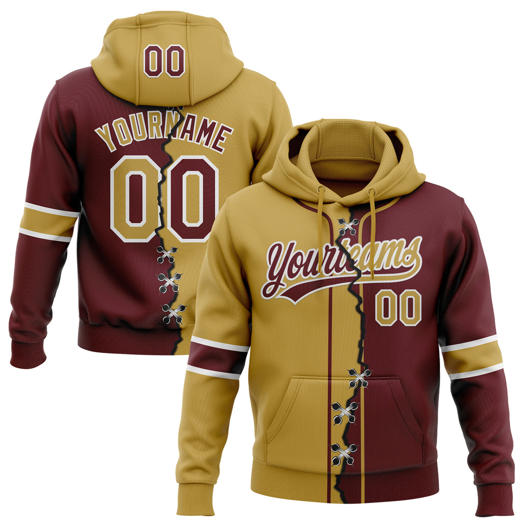 Custom Burgundy Old Gold-White Split Ripped Pattern Baseball Pullover Sweatshirt Hoodie