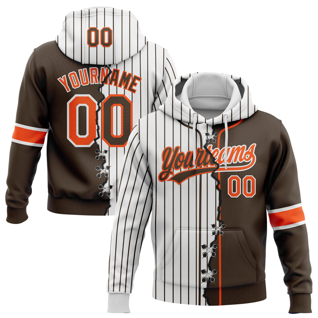 Custom White Brown Pinstripe-Orange Split Ripped Pattern Baseball Pullover Sweatshirt Hoodie